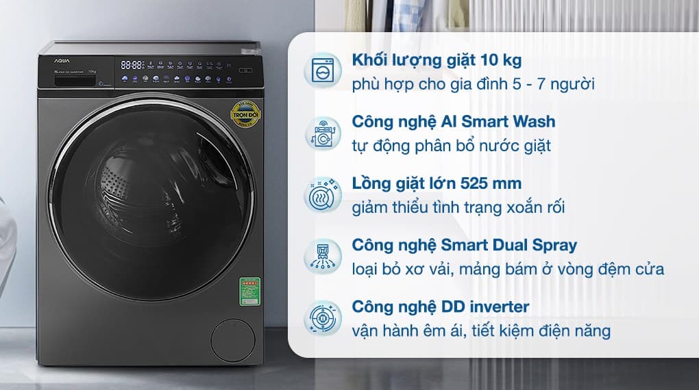 Ảnh Máy giặt Aqua Inverter 10 kg AQD-DW1000J.BK