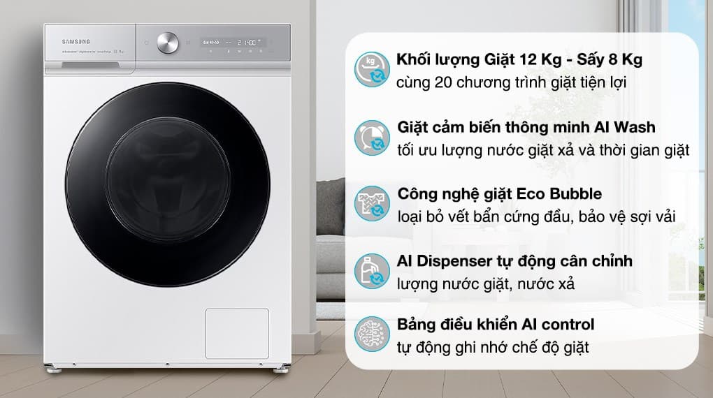 Ảnh Máy giặt sấy Samsung Bespoke AI Inverter giặt 12 kg - sấy 8 kg WD12BB944DGHSV