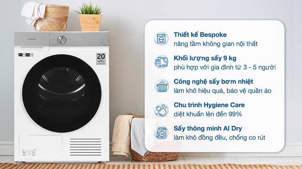 Ảnh Máy sấy bơm nhiệt Samsung Bespoke AI 9 kg DV90BB9440GH/SV