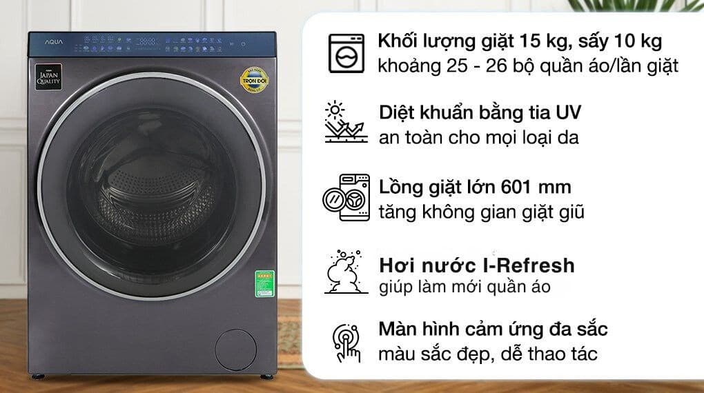 Ảnh Máy giặt sấy Aqua Inverter giặt 15 kg - sấy 10 kg AQD-DH1500G PP