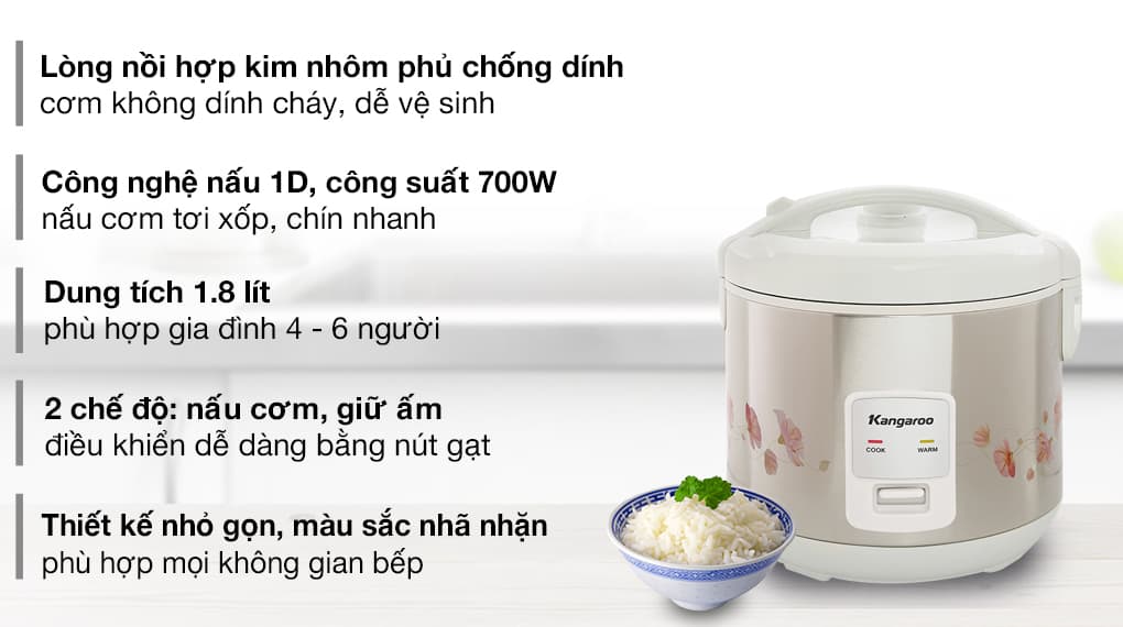 Ảnh Nồi cơm nắp gài Kangaroo 1.8 lít KG18RC3