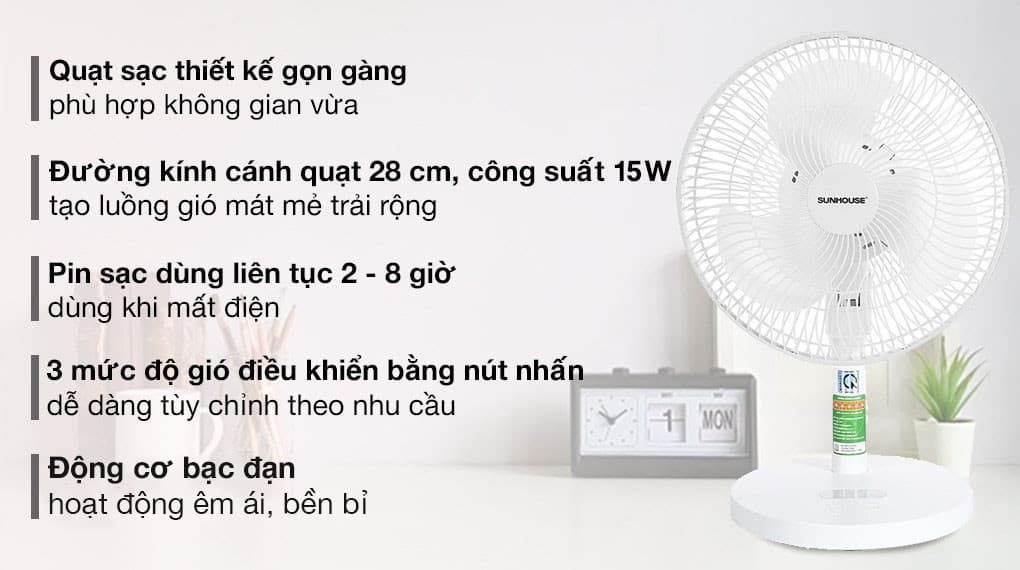 Ảnh Quạt sạc điện Sunhouse 3 cánh SHD7115 15W
