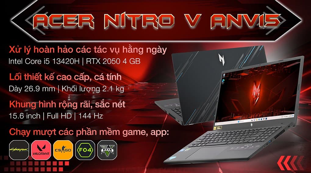 Ảnh Laptop Acer Gaming Nitro V ANV15 51 53NE i5 13420H/16GB/512GB/4GB RTX2050/144Hz/Win11 (NH.QNASV.002)