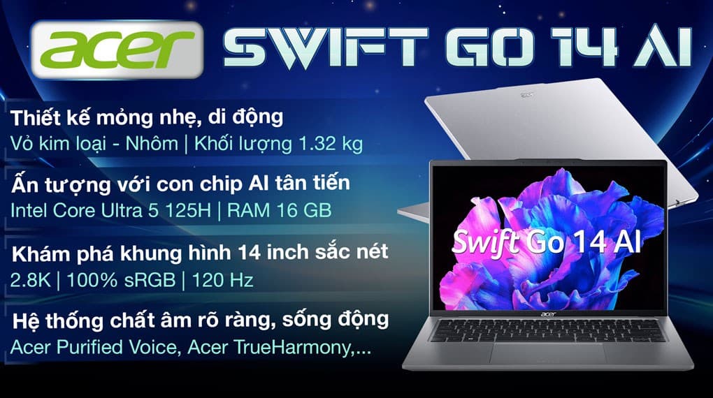 Ảnh Laptop Acer Swift Go 14 AI SFG14 73 53X7 Ultra 5 125H/16GB/512GB/Win11 (NX.KSLSV.001)