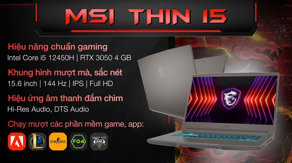 Ảnh Laptop MSI Gaming Thin 15 B12UC i5 12450H/16GB/512GB/4GB RTX3050/144Hz/Balo/Win11 (2045VN)
