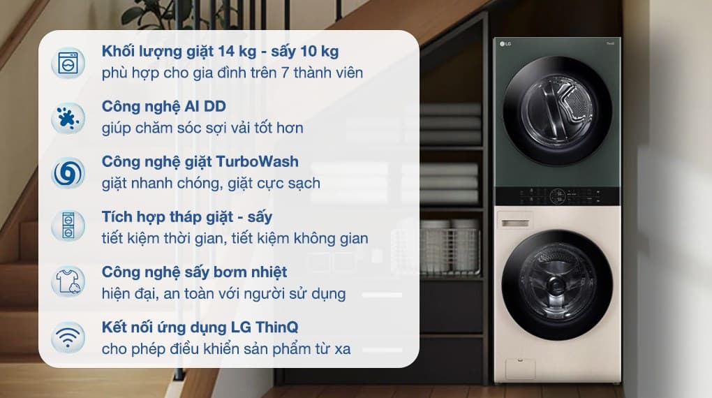 Ảnh Tháp giặt sấy LG WashTower Inverter giặt 14 kg - sấy 10 kg WT1410NHEG