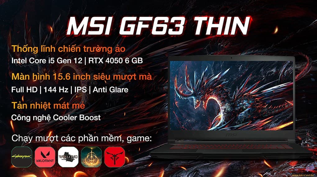 Ảnh Laptop MSI Gaming GF63 Thin 12VE i5 12450H/8GB/512GB/6GB RTX4050/144Hz/Win11 (460VN)