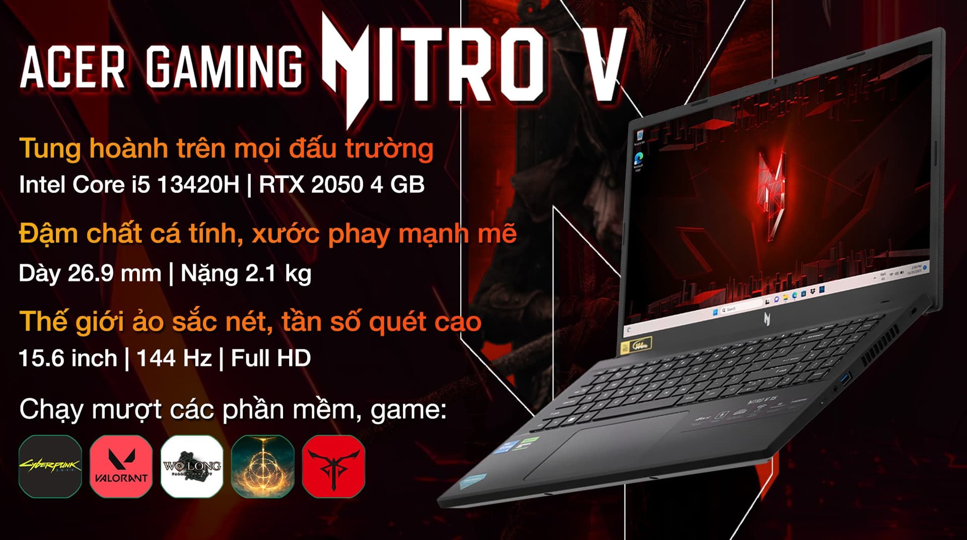 Ảnh Laptop Acer Gaming Nitro V ANV15 51 58AN i5 13420H/8GB/512GB/4GB RTX2050/144Hz/Win11 (NH.QNASV.001)