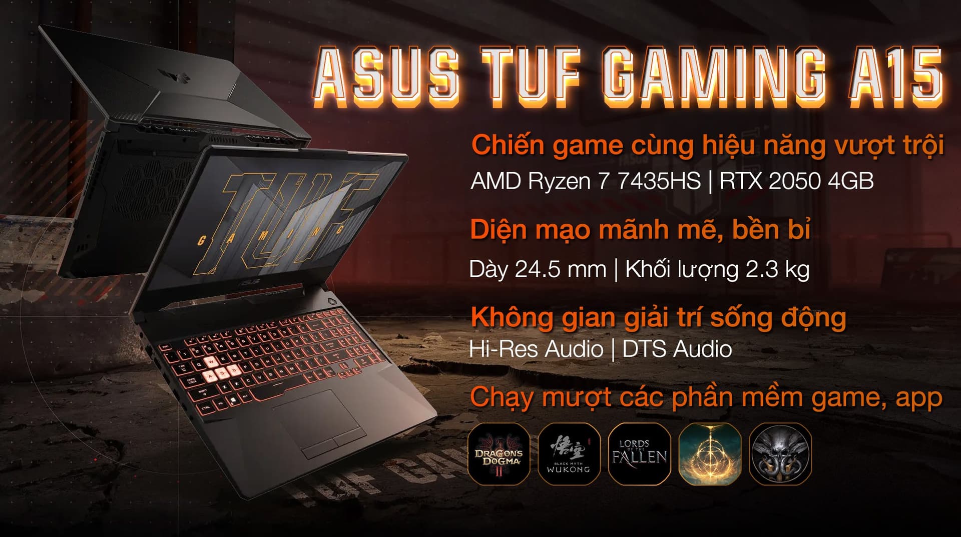 Ảnh Laptop Asus TUF Gaming A15 FA506NFR R7 7435HS/16GB/512GB/4GB RTX2050/144Hz/Win11 (HN113W)