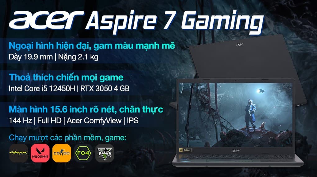 Ảnh Laptop Acer Gaming Aspire 7 A715 76G 5806 i5 12450H/16GB/512GB/4GB RTX3050/144Hz/Win11 (NH.QMFSV.002)