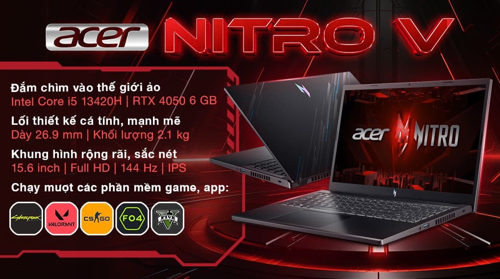Ảnh Laptop Acer Gaming Nitro V ANV15 51 55CA i5 13420H/16GB/512GB/6GB RTX4050/144Hz/Win11 (NH.QN8SV.004)