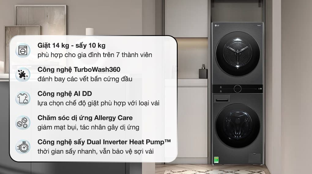 Ảnh Tháp giặt sấy LG WashTower Inverter giặt 14 kg - sấy 10 kg WT1410NHB