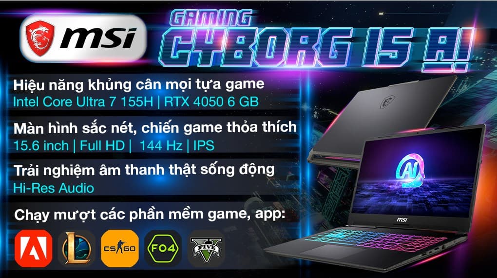 Ảnh Laptop MSI Gaming Cyborg 15 AI A1VEK Ultra 7 155H/16GB/512GB/6GB RTX4050/144Hz/Balo/Win11 (053VN)