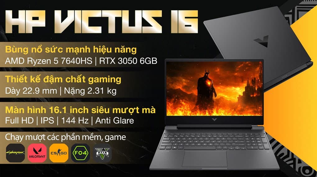 Ảnh Laptop HP Gaming VICTUS 16 s0173AX R5 7640HS/16GB/512GB/6GB RTX3050/144Hz/Win11 (A9LG9PA)