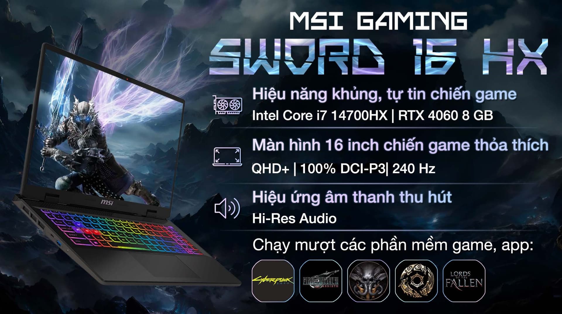 Ảnh Laptop MSI Gaming Sword 16 HX B14VFKG i7 14700HX/16GB/1TB/8GB RTX4060/240Hz/Balo/Win11 (045VN)