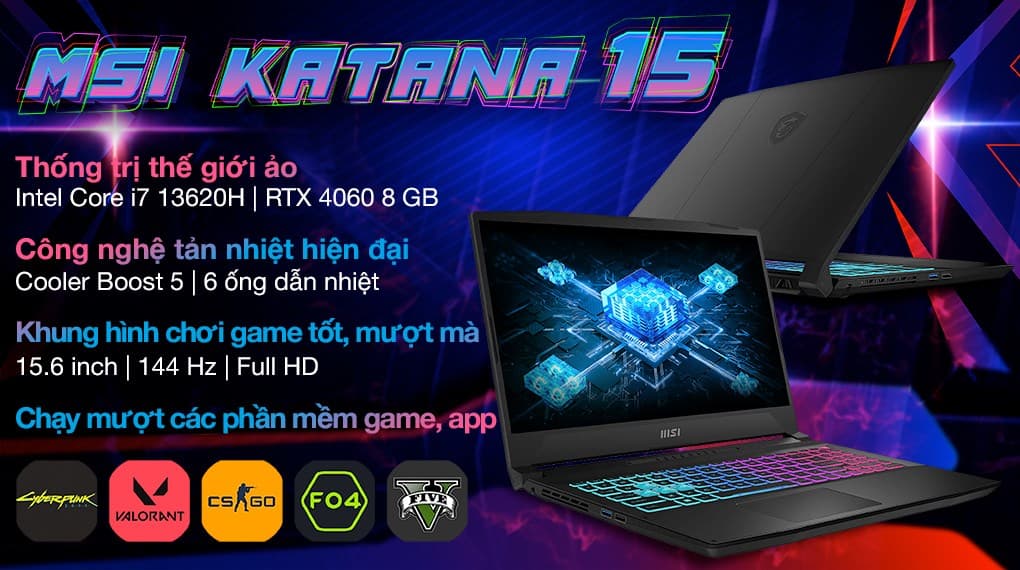 Ảnh Laptop MSI Gaming Katana 15 B13VFK i7 13620H/16GB/1TB/8GB RTX4060/144Hz/Balo/Win11 (676VN)