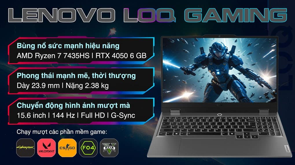 Ảnh Laptop Lenovo Gaming LOQ 15ARP9 R7 7435HS/24GB/512GB/6GB RTX4050/144Hz/Win11 (83JC0040VN)