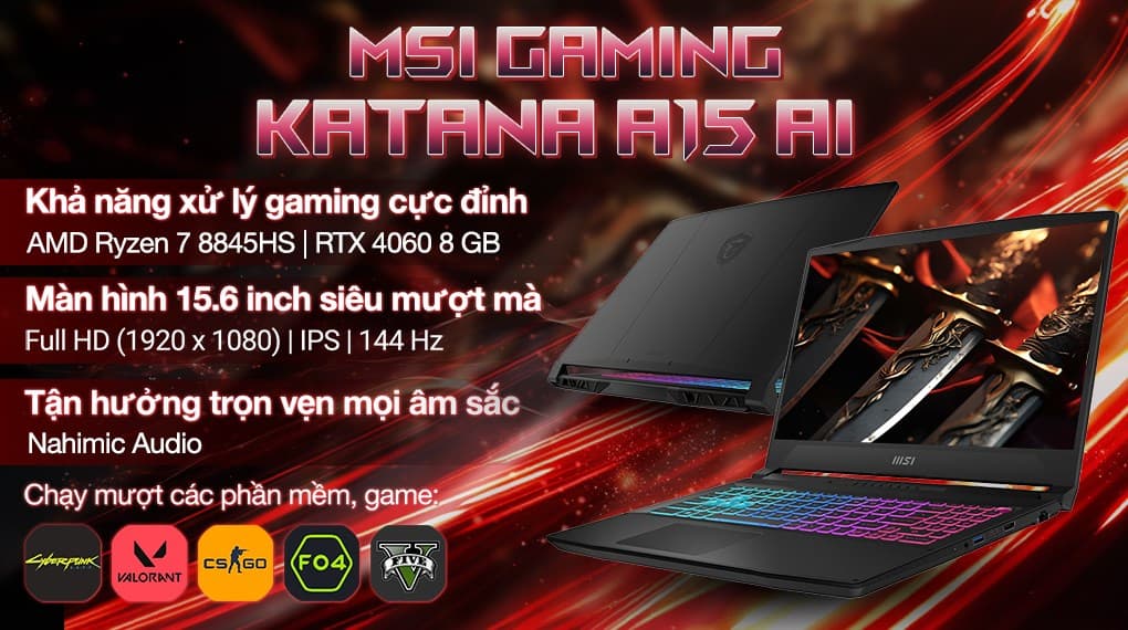 Ảnh Laptop MSI Gaming Katana A15 AI B8VF R7 8845HS/16GB/512GB/8GB RTX4060/144Hz/Balo/Win11 (419VN)