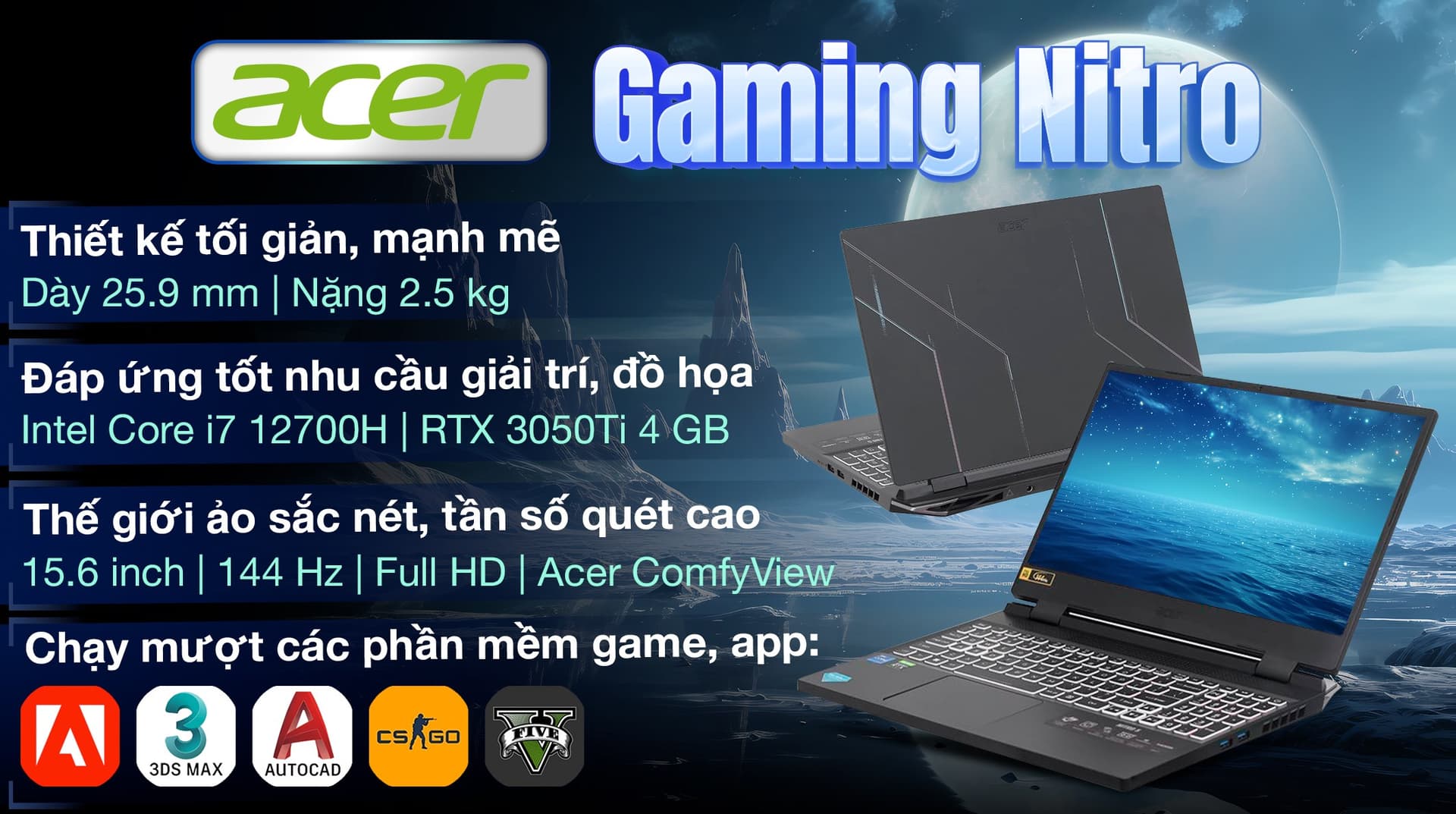 Ảnh Laptop Acer Gaming Nitro AN515 58 773Y i7 12700H/16GB/512GB/4GB RTX3050Ti/144Hz/Win11 (NH.QFKSV.001.16G)