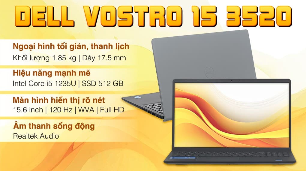 Ảnh Laptop Dell Vostro 15 3520 i5 1235U/8GB/512GB/120Hz/OfficeHS/KYHD/Win11 (V5I5610W1)