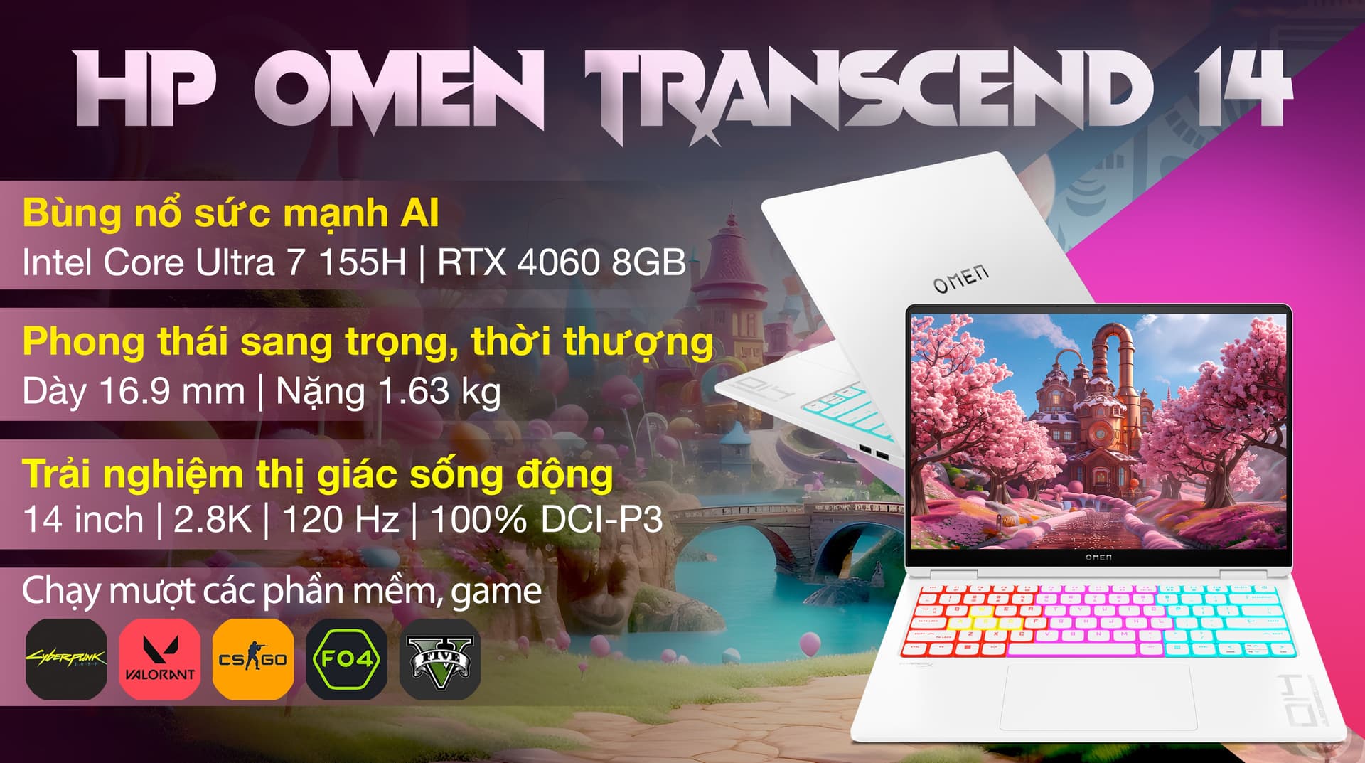 Ảnh Laptop HP OMEN Transcend 14 fb0135TX Ultra 7 155H/16GB/1TB/8GB RTX4060/120Hz/Win11 (AY8V1PA)