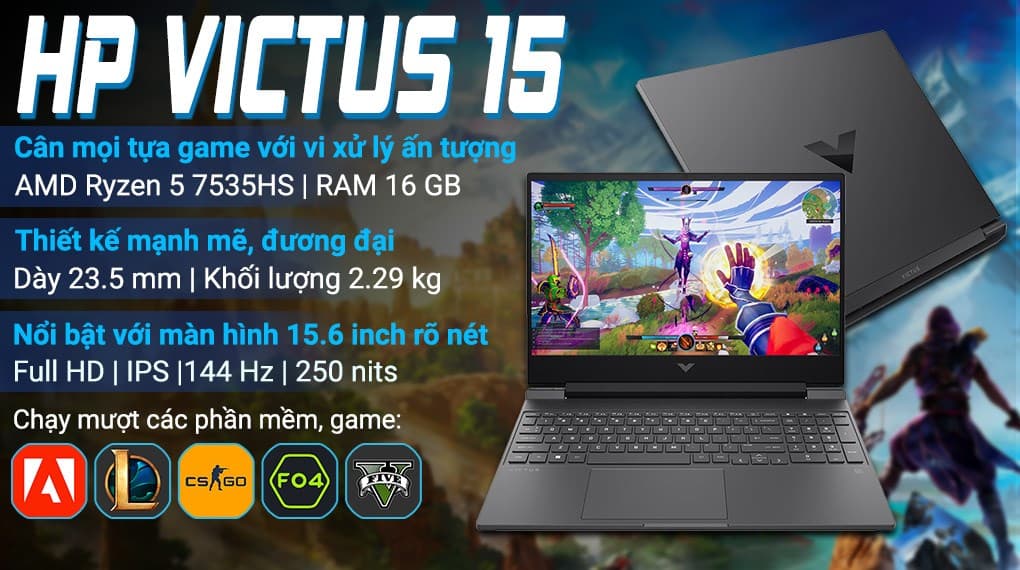 Ảnh Laptop HP Gaming VICTUS 15 fb1022AX R5 7535HS/16GB/512GB/4GB RTX2050/144Hz/Win11 (94F19PA)