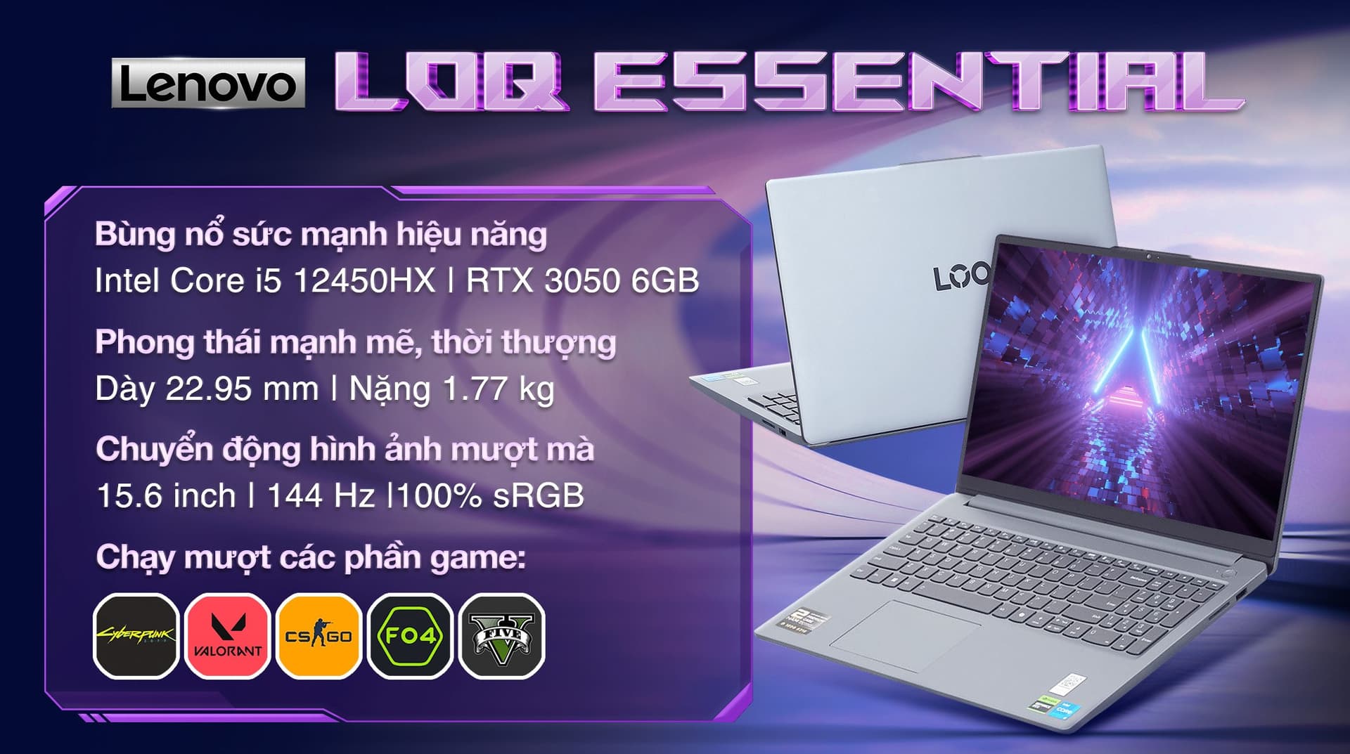 Ảnh Laptop Lenovo Gaming LOQ Essential 15IAX9E i5 12450HX/12GB/512GB/6GB RTX3050/144Hz/Win11 (83LK0036VN)
