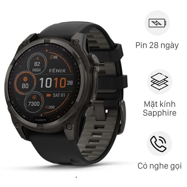 Đồng hồ thông minh Garmin Fenix 8 Sapphire Solar 47mm viền Titanium