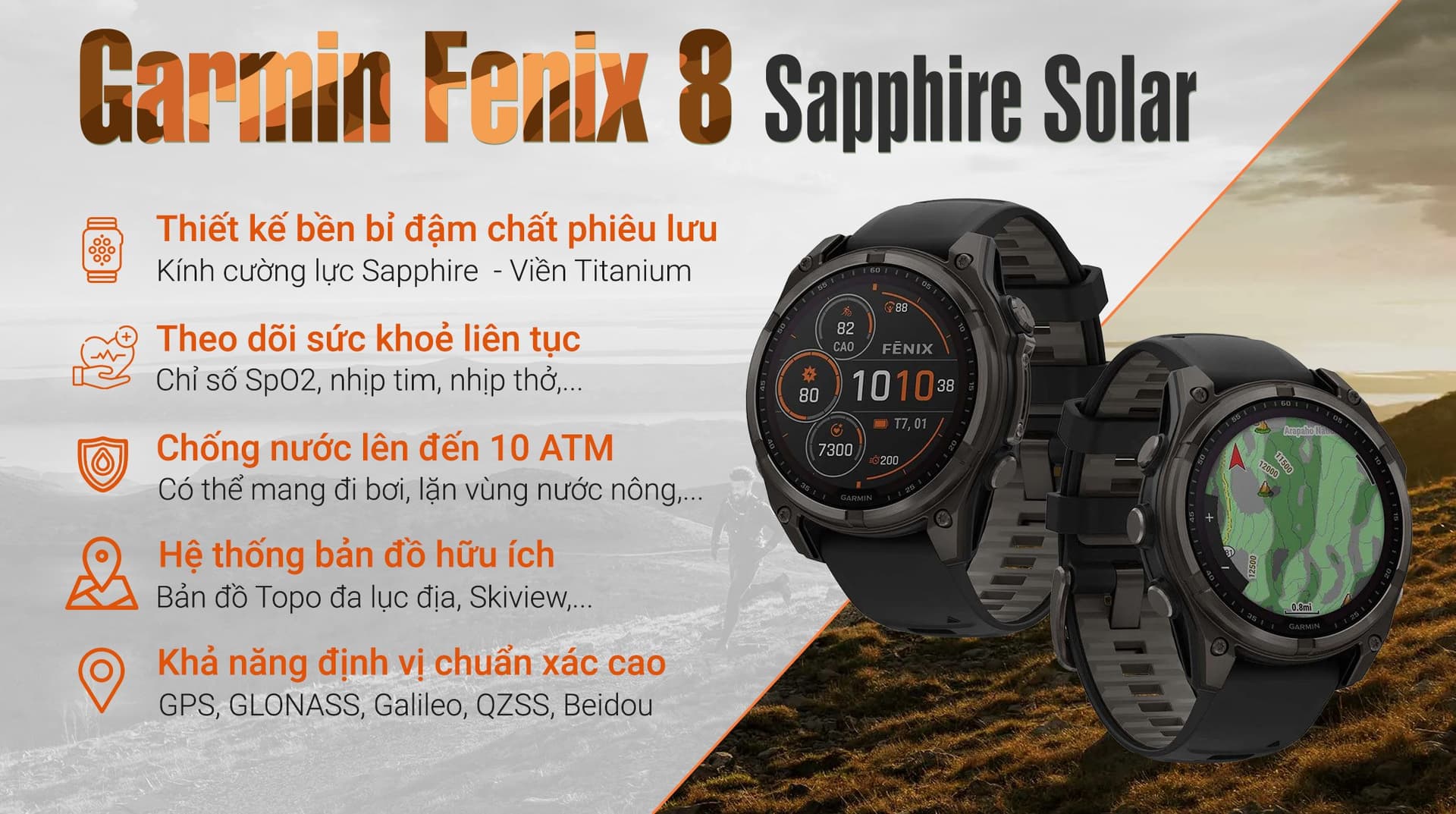 Ảnh Đồng hồ thông minh Garmin Fenix 8 Sapphire Solar 47mm viền Titanium