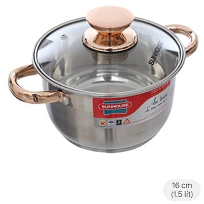 Nồi inox 5 đáy nắp kính 16 cm Sunhouse SHG24216
