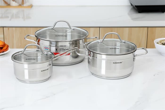 Ảnh Bộ nồi quánh inox 5 đáy nắp kính Sunhouse SHG669