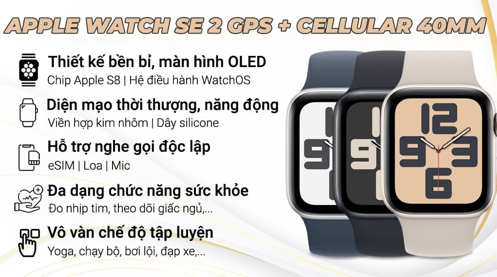 Ảnh Đồng hồ thông minh Apple Watch SE 2 GPS + Cellular 40mm viền nhôm dây thể thao