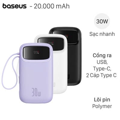 Pin sạc dự phòng Polymer 20000mAh Type C PD 30W Baseus Qpow 2 PPQD4-20C kèm Cáp Type C