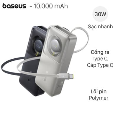Pin sạc dự phòng Polymer 10000mAh Type C PD 30W Baseus Free2Pull PPSS1030 kèm Cáp Type C