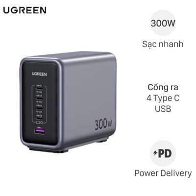Bộ Adapter Sạc 5 cổng Type C PD QC 3.0 GaN 300W kèm Cáp Type C - Type C 1m Ugreen Nexode 90903B