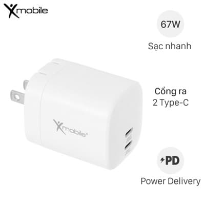 Adapter Sạc 2 cổng Type C PD GaN 67W Xmobile DS266