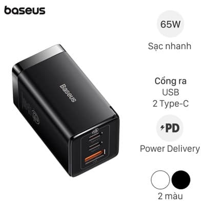 Bộ Adapter Sạc 3 cổng USB Type C PD QC 3.0 GaN5 kèm Cáp Type C - Type C 1m 65W Baseus CCGAN65S5