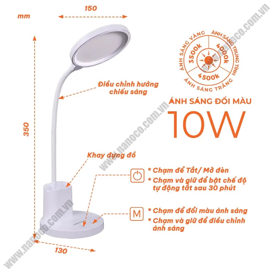 Ảnh Đèn bàn LED Nanoco 10W trắng, đổi màu, chỉnh as NDK10WC