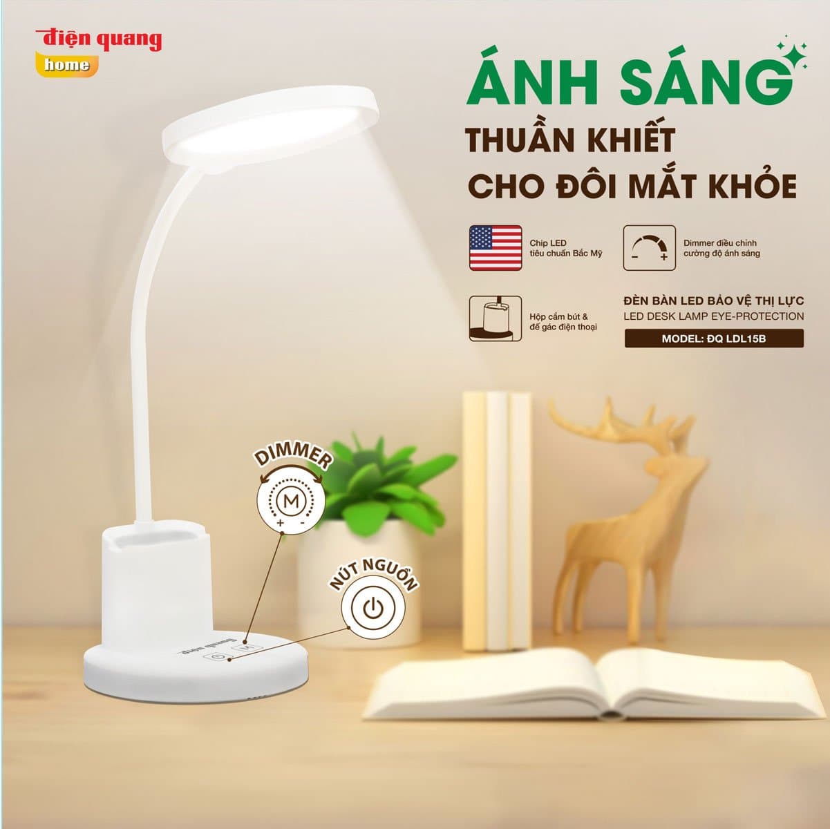 Ảnh Đèn Bàn LED Cảm Ứng Điện Quang ĐQ LDL15B 10 W (10W, Màu Trắng)