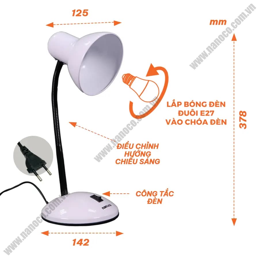 Ảnh Đèn bàn Nanoco E27, trắng NDKC02W