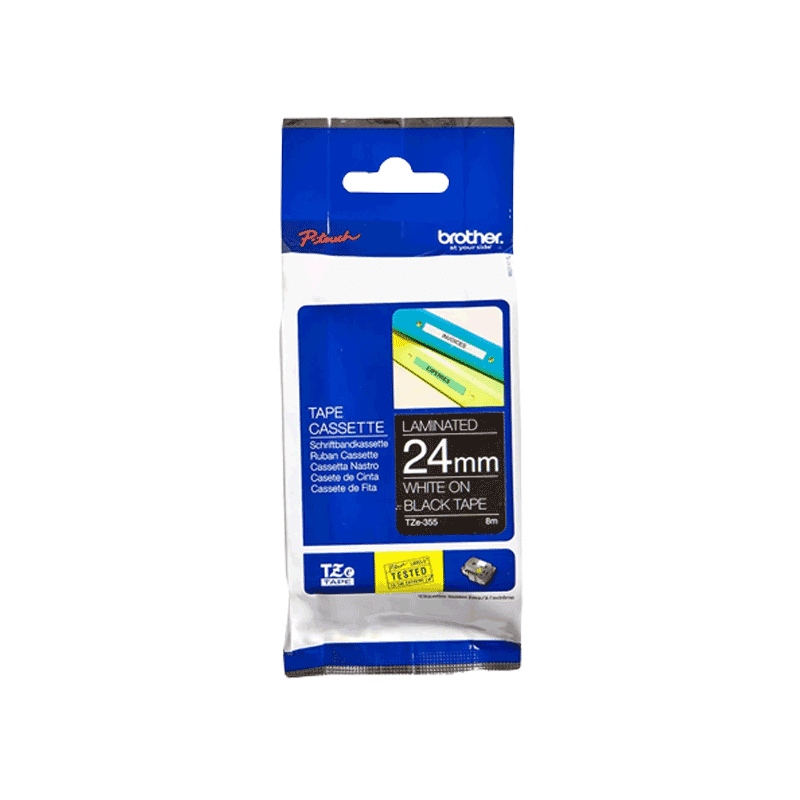 Nhãn In Tiêu Chuẩn TZE Brother TZe-355 Chữ Trắng Trên Nền Đen (24mm)-White on Black