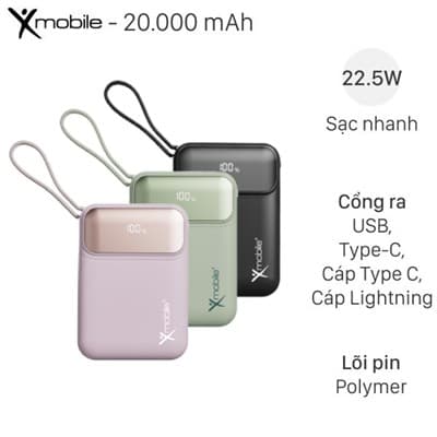 Pin sạc dự phòng Polymer 20000mAh Type C PD QC 3.0 22.5W Xmobile MH811 kèm Cáp Lightning và Type C