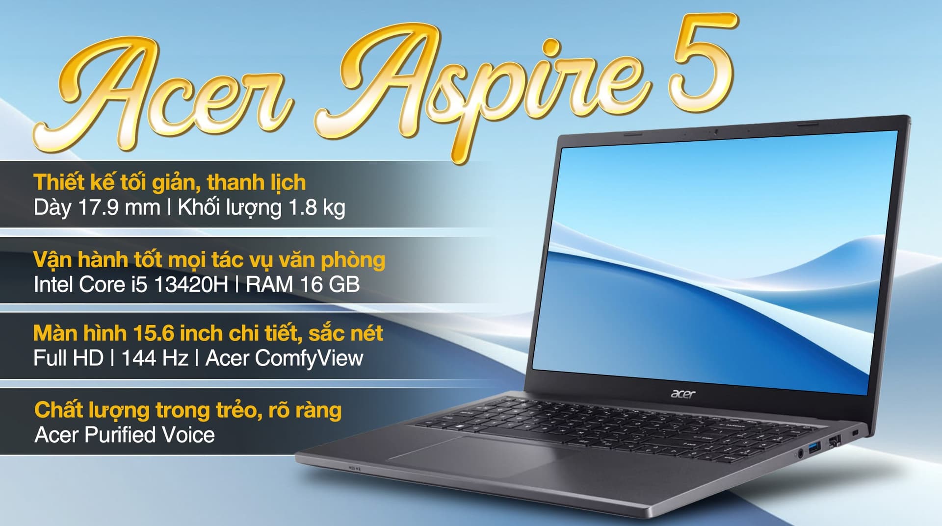 Ảnh Laptop Acer Aspire 5 A515 58GM 598J i5 13420H/16GB/512GB/4GB RTX2050/144Hz/Win11 (NX.KW1SV.002)